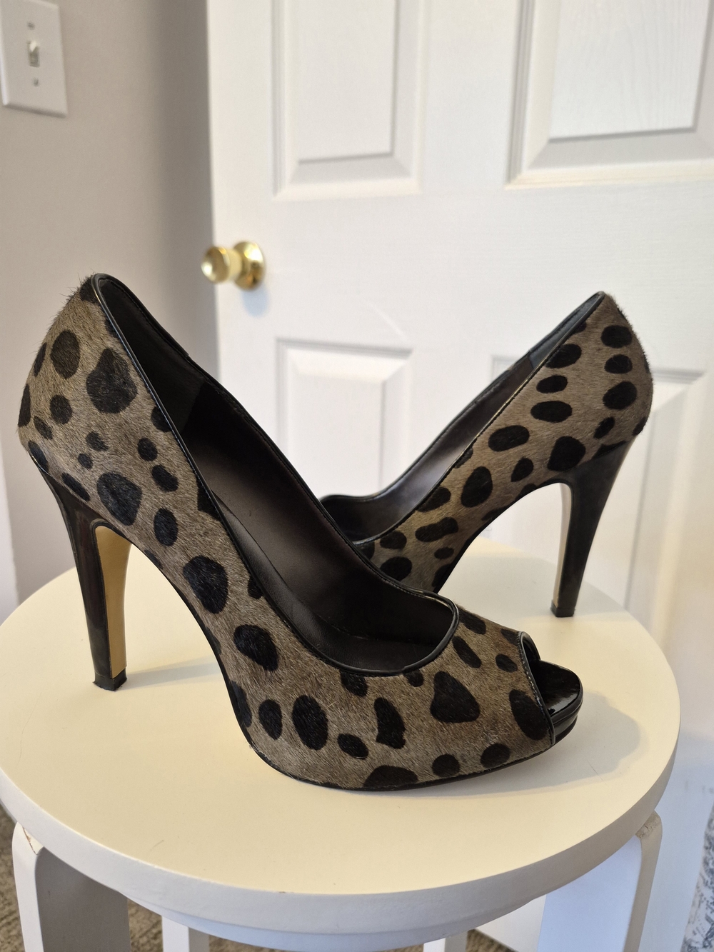 Nine West Leopard Peep-Toe Pumps in Tan and Black